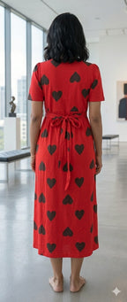 Zipless Feeding Maternity Gown Red Black heart - Puff sleeve 49 inches