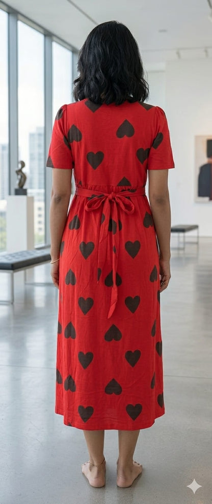 Zipless Feeding Maternity Gown Red Black heart - Puff sleeve 49 inches