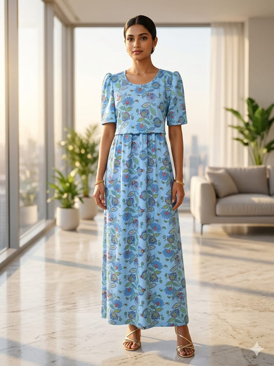 Zipless Feeding Maternity Gown S Blue Rangoli - Puff sleeve 52 inches