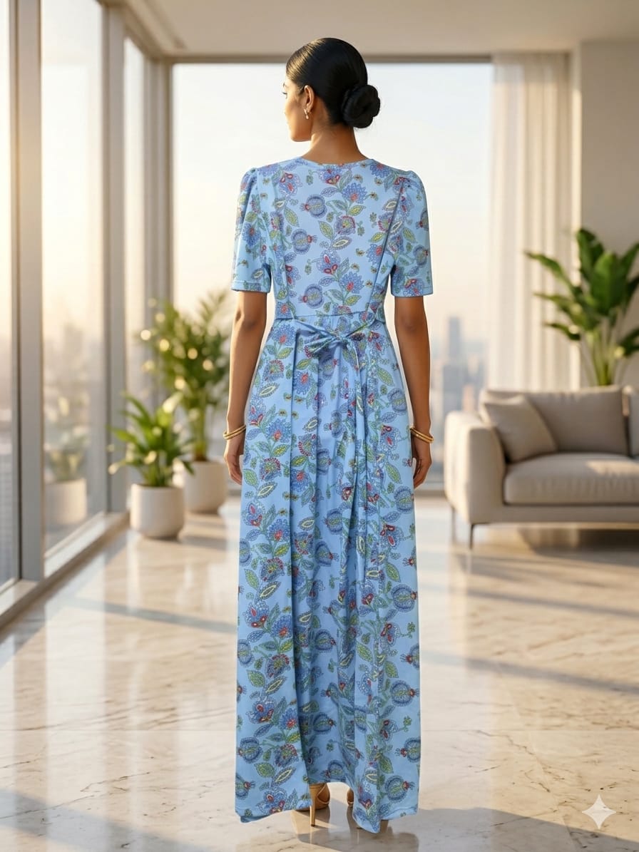 Zipless Feeding Maternity Gown S Blue Rangoli - Puff sleeve 52 inches
