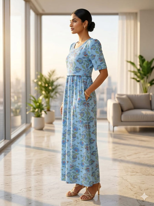 Zipless Feeding Maternity Gown S Blue Rangoli - Puff sleeve 52 inches