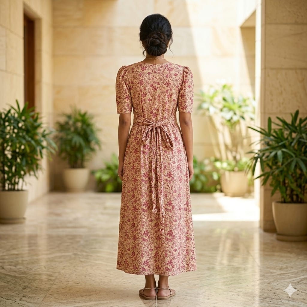 Zipless Feeding Maternity Gown Mustard Floral - Puff sleeve 52 inches