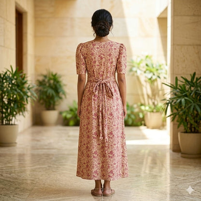 Zipless Feeding Maternity Gown Mustard Floral - Puff sleeve 52 inches