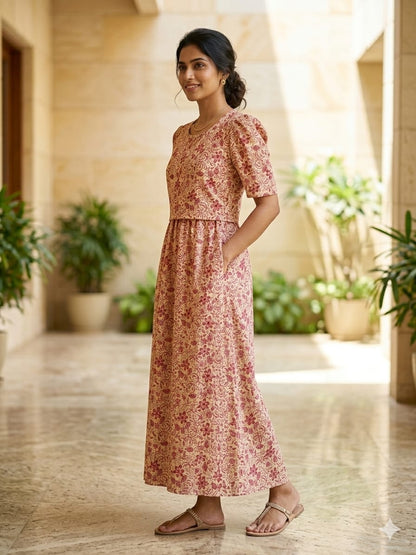 Zipless Feeding Maternity Gown Mustard Floral - Puff sleeve 52 inches