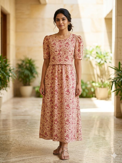 Zipless Feeding Maternity Gown Mustard Floral - Puff sleeve 52 inches