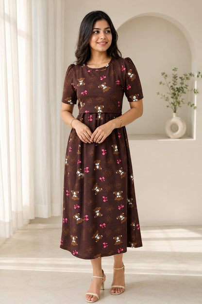 Capri Feeding Wear with Puff Sleeve Brown teddy