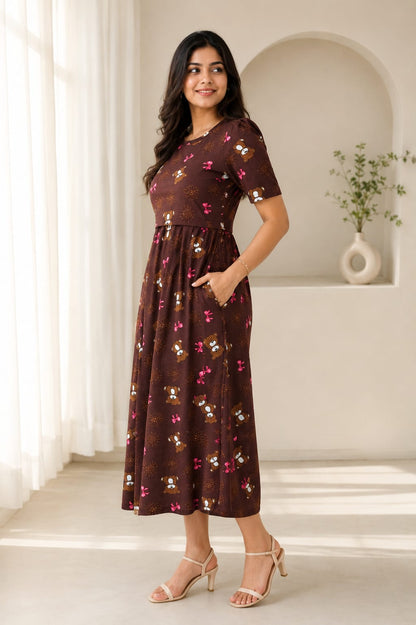 Capri Feeding Wear with Puff Sleeve Brown teddy
