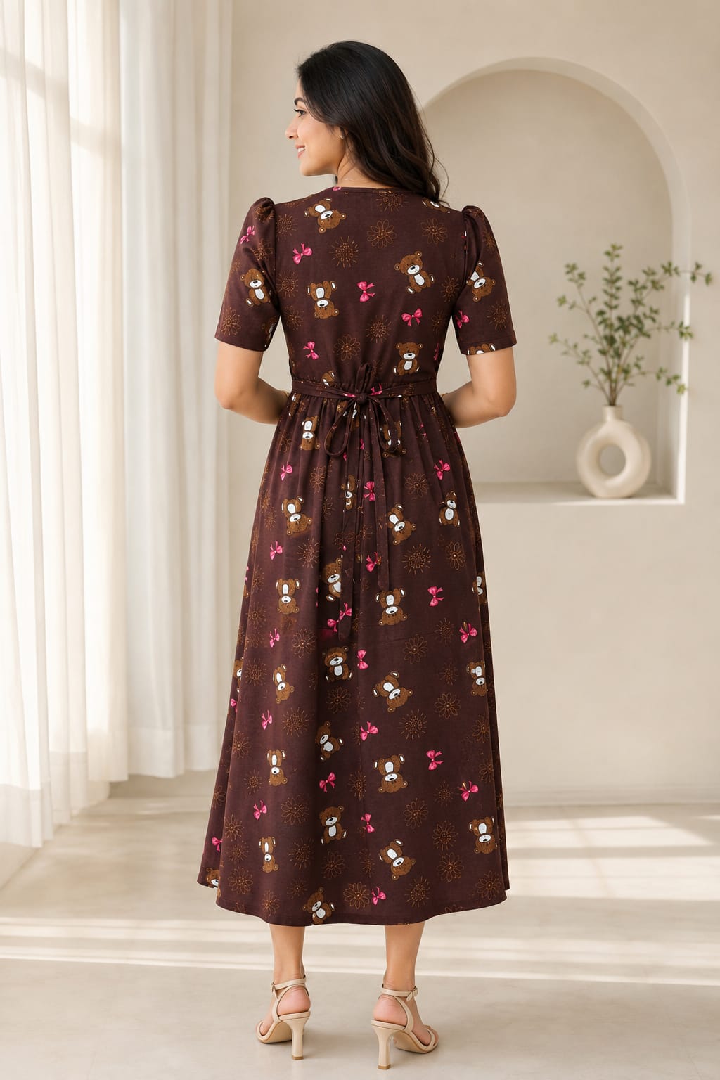 Capri Feeding Wear with Puff Sleeve Brown teddy