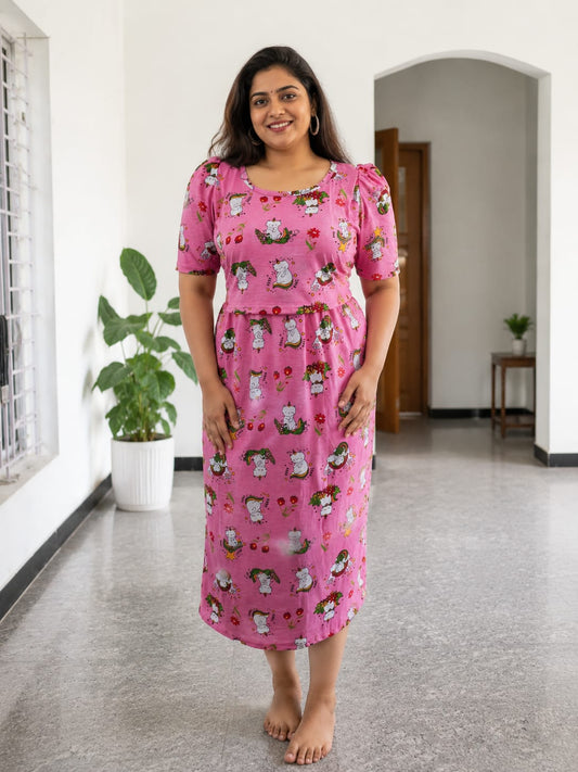Feeding Wear with Puff Sleeve pink kitty  47 inches