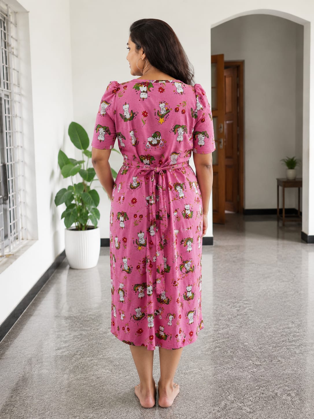 Feeding Wear with Puff Sleeve pink kitty  47 inches
