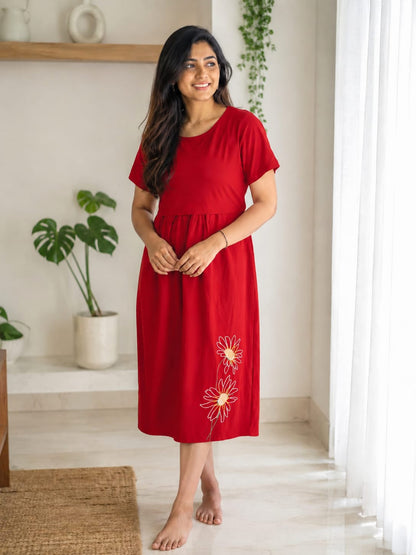 Capri Feeding Wear with Puff Sleeve Plain Red petals