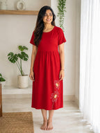Capri Feeding Wear with Puff Sleeve Plain Red petals