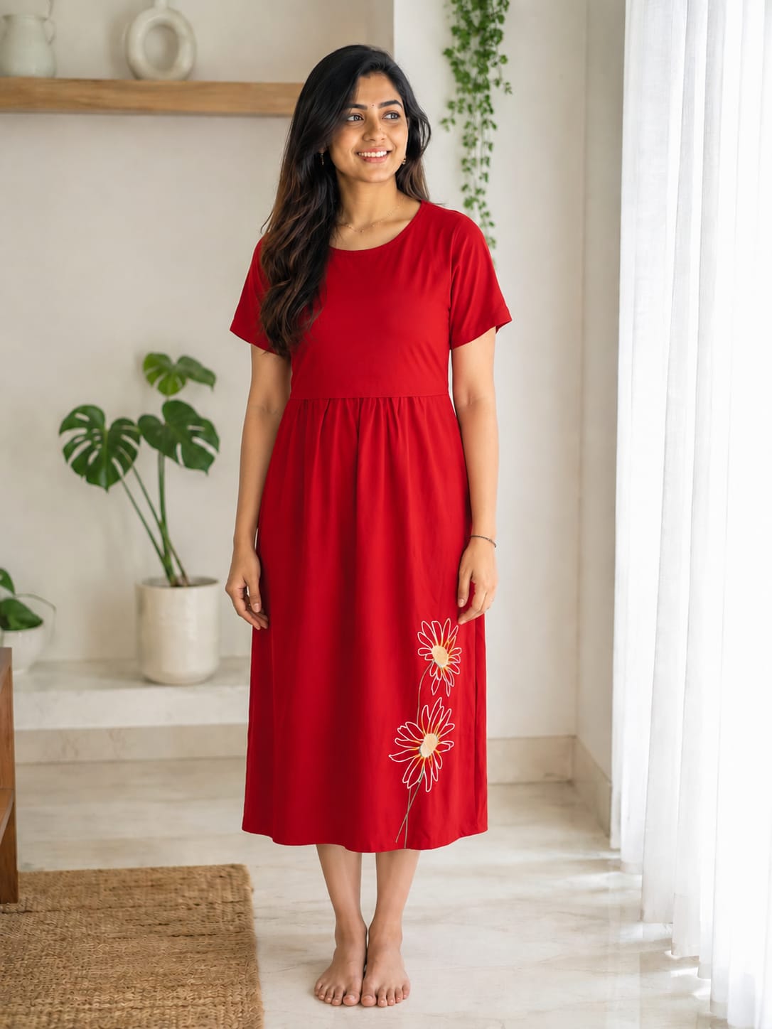 Capri Feeding Wear with Puff Sleeve Plain Red petals