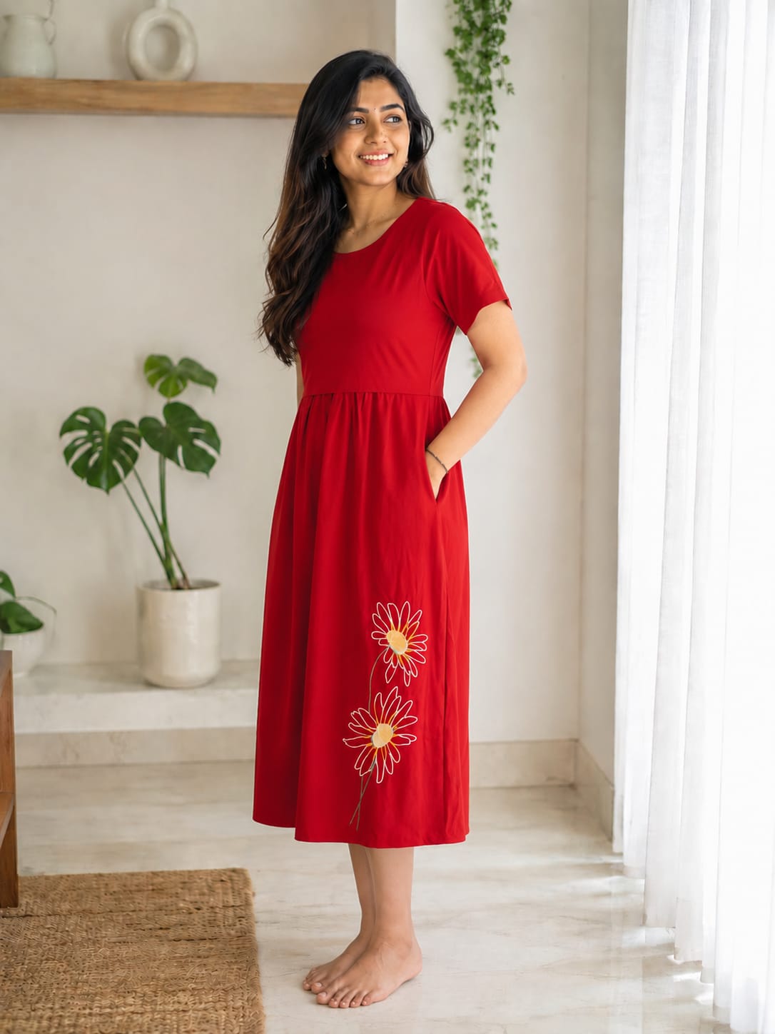 Capri Feeding Wear with Puff Sleeve Plain Red petals