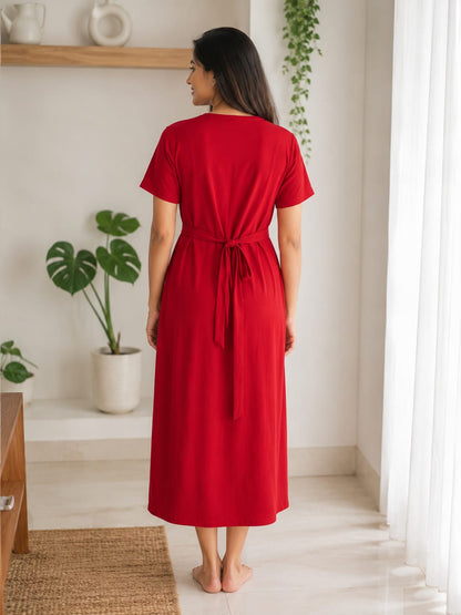 Capri Feeding Wear with Puff Sleeve Plain Red petals