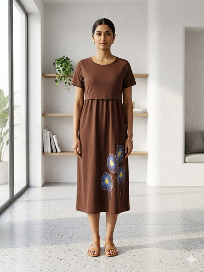 Capri Feeding Wear with Puff Sleeve Plain Maroon Floral