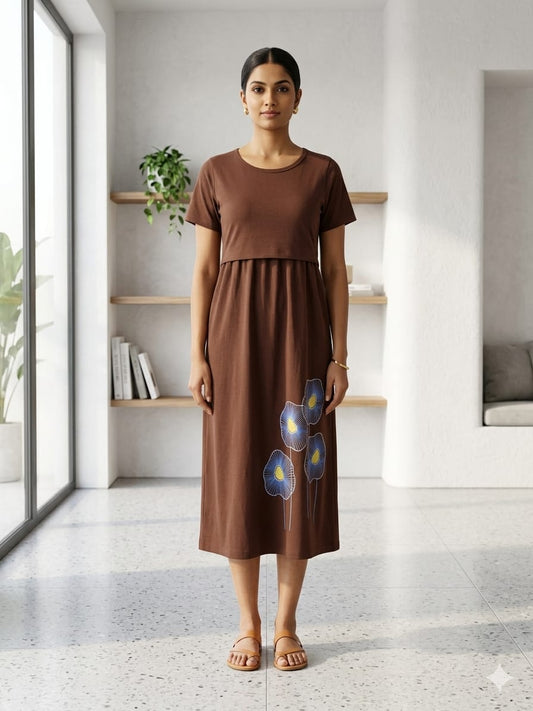 Capri Feeding Wear with Puff Sleeve Plain Maroon Floral