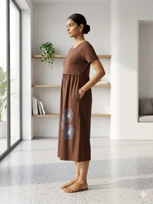 Capri Feeding Wear with Puff Sleeve Plain Maroon Floral
