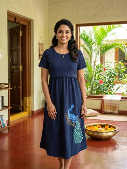 Capri Feeding Wear with Puff Sleeve Plain Navy Peacock