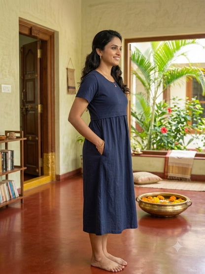 Capri Feeding Wear with Puff Sleeve Plain Navy Peacock