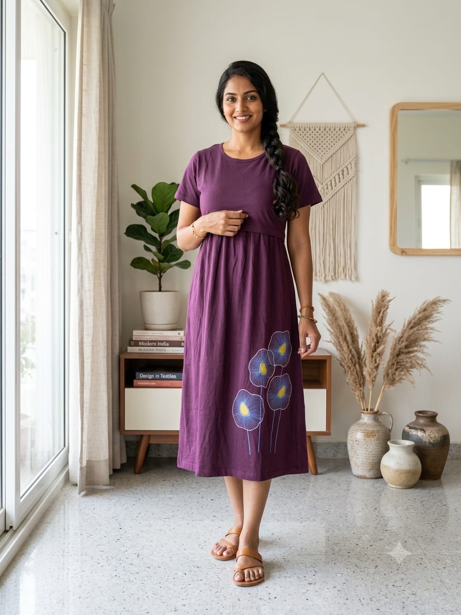 Capri Feeding Wear with Puff Sleeve Plain Wine  Floral