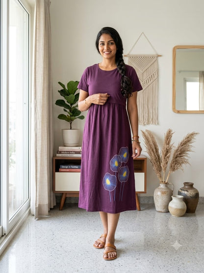 Capri Feeding Wear with Puff Sleeve Plain Wine  Floral