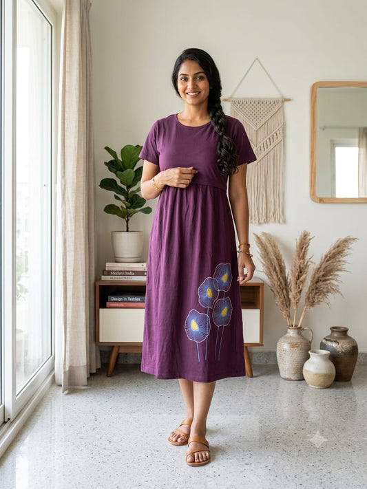 Capri Feeding Wear with Puff Sleeve Plain Wine  Floral