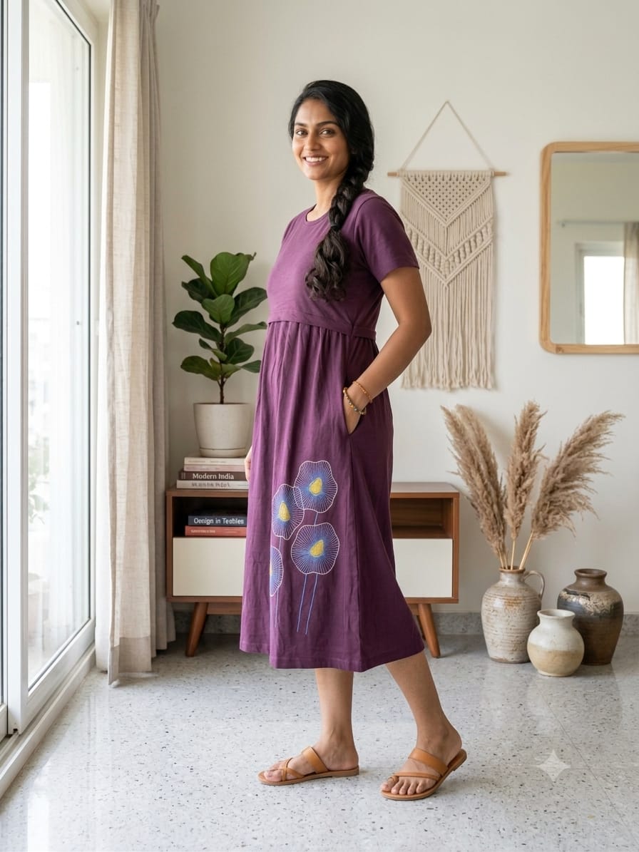 Capri Feeding Wear with Puff Sleeve Plain Wine  Floral