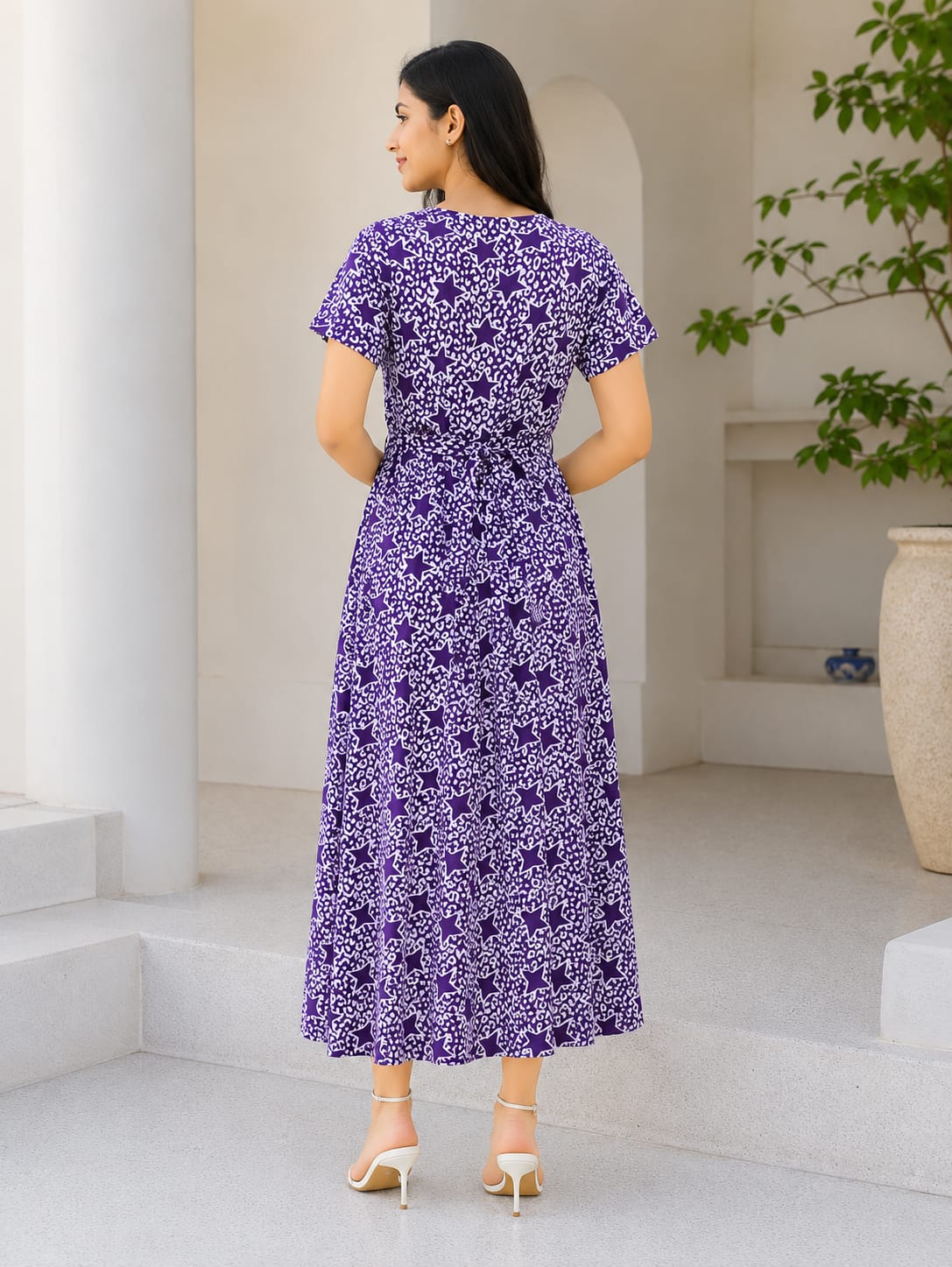 Zipless Feeding Maternity Wear without Puff Sleeve Purple White Star