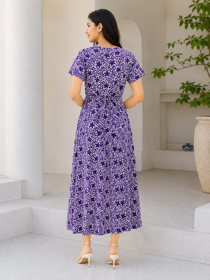 Zipless Feeding Maternity Wear without Puff Sleeve Purple White Star