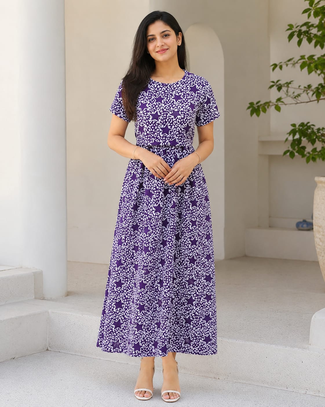 Zipless Feeding Maternity Wear without Puff Sleeve Purple White Star