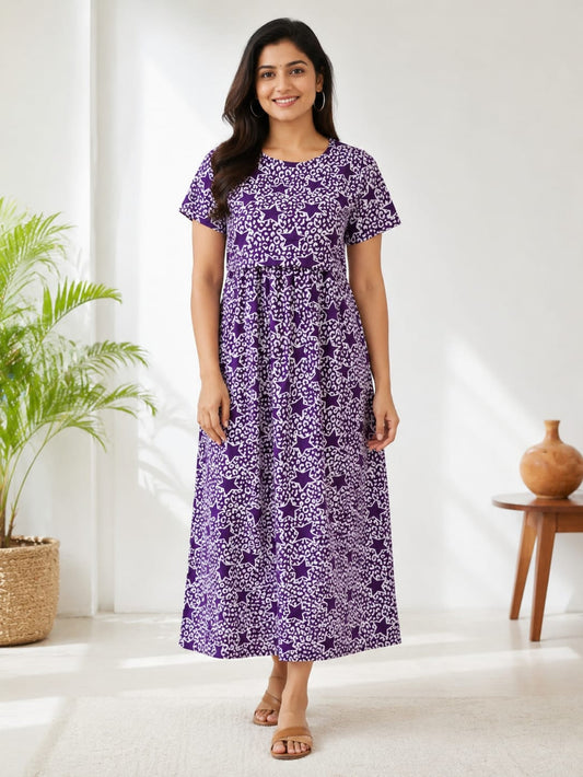 Zipless Feeding Maternity Wear without Puff Sleeve Purple White Star