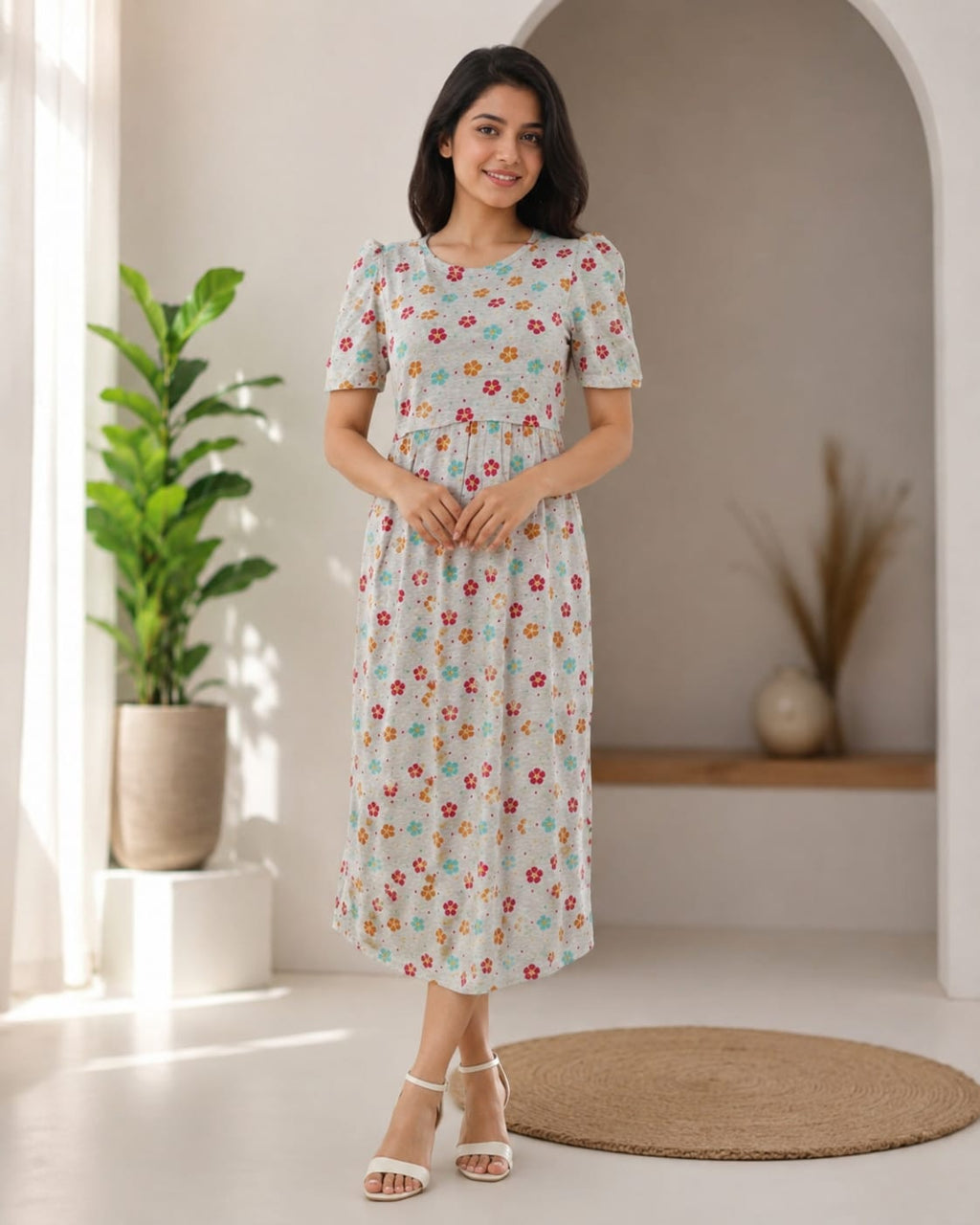 Capri Feeding Wear with Puff Sleeve Melange Floral