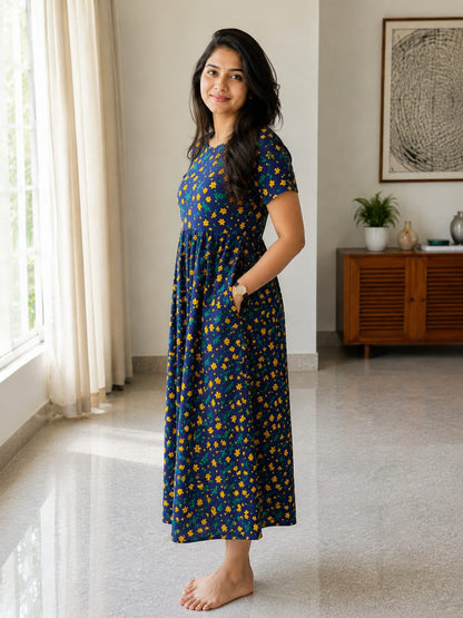 Zipless Feeding Maternity Wear without Puff Sleeve Navy Yellow