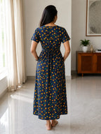 Zipless Feeding Maternity Wear without Puff Sleeve Navy Yellow