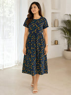 Zipless Feeding Maternity Wear without Puff Sleeve Navy Yellow