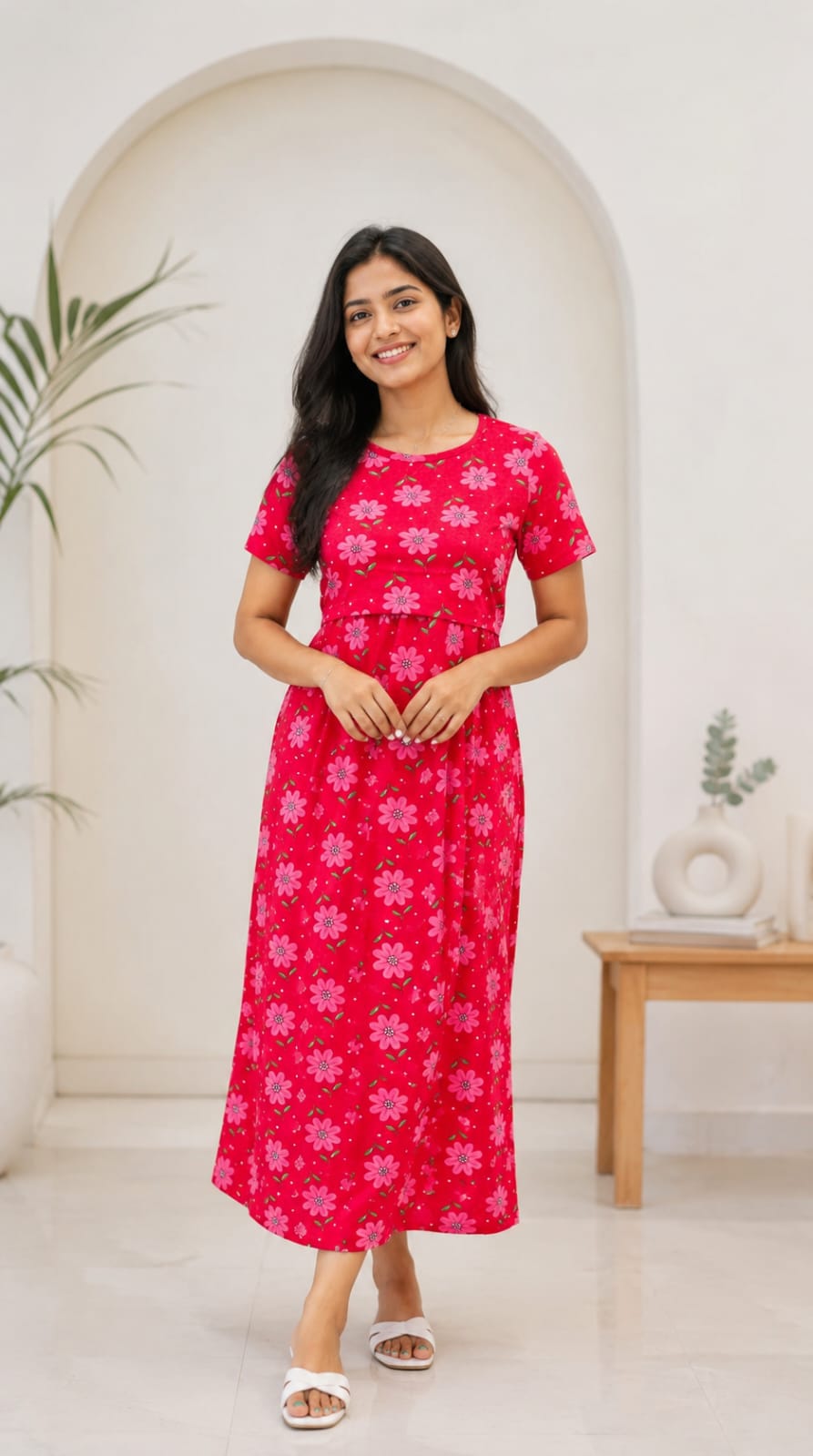 Feeding Wear with Puff Sleeve Red pink 47 inches