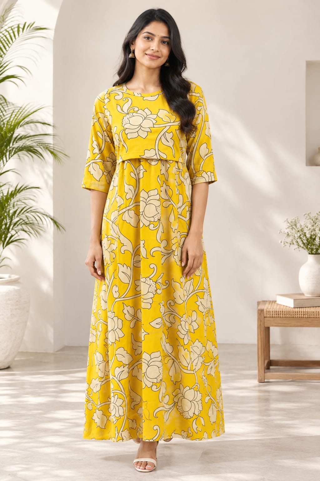 Zipless Feeding Mid Sleeves Gold yellow Floral Full Length 52 inches