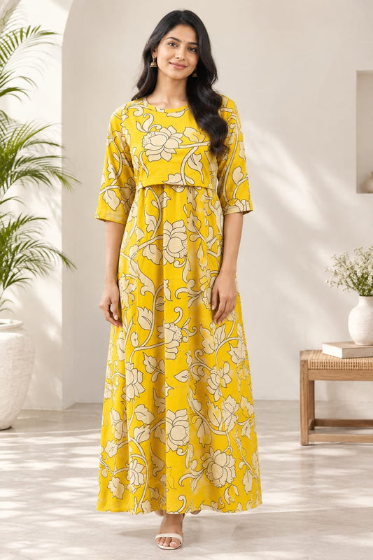 Zipless Feeding Mid Sleeves Gold yellow Floral Full Length 52 inches