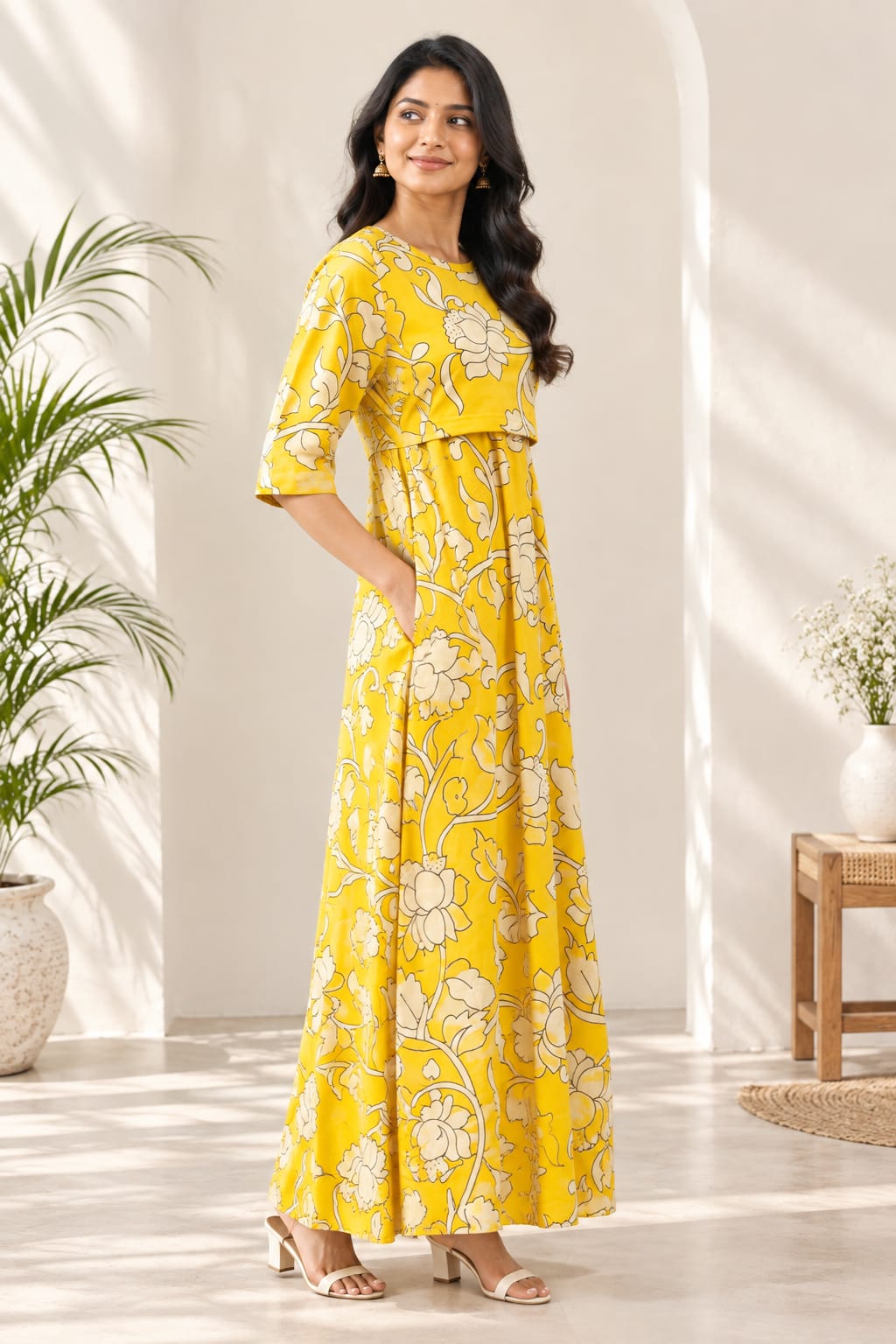 Zipless Feeding Mid Sleeves Gold yellow Floral Full Length 52 inches