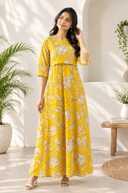 Zipless Feeding Mid Sleeves Gold yellow Floral Full Length 52 inches