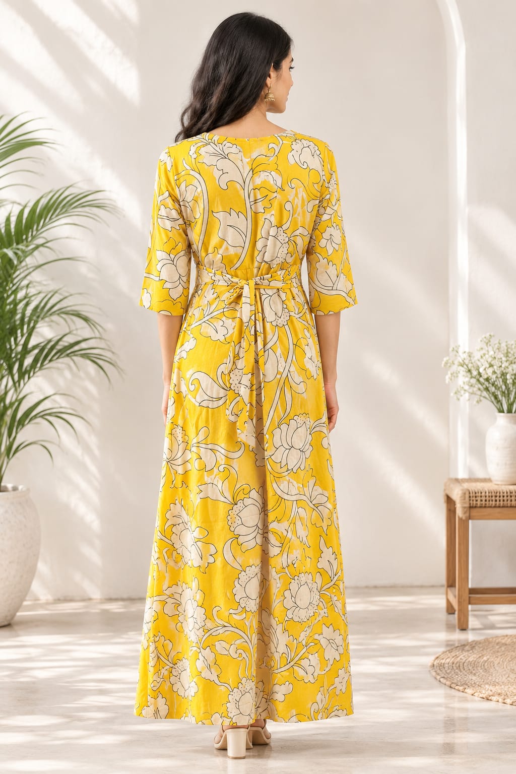 Zipless Feeding Mid Sleeves Gold yellow Floral Full Length 52 inches