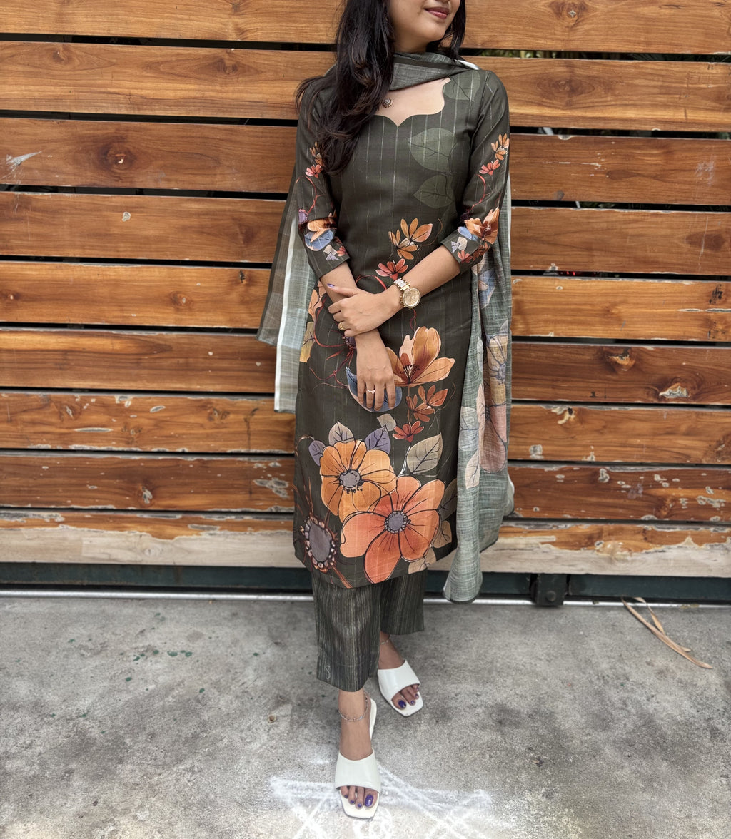 Lara’s Olive Bloom Floral Ethnic 3-Piece Set |  G - 007