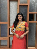 Red Lotus Print Yoke Straight Kurta Top