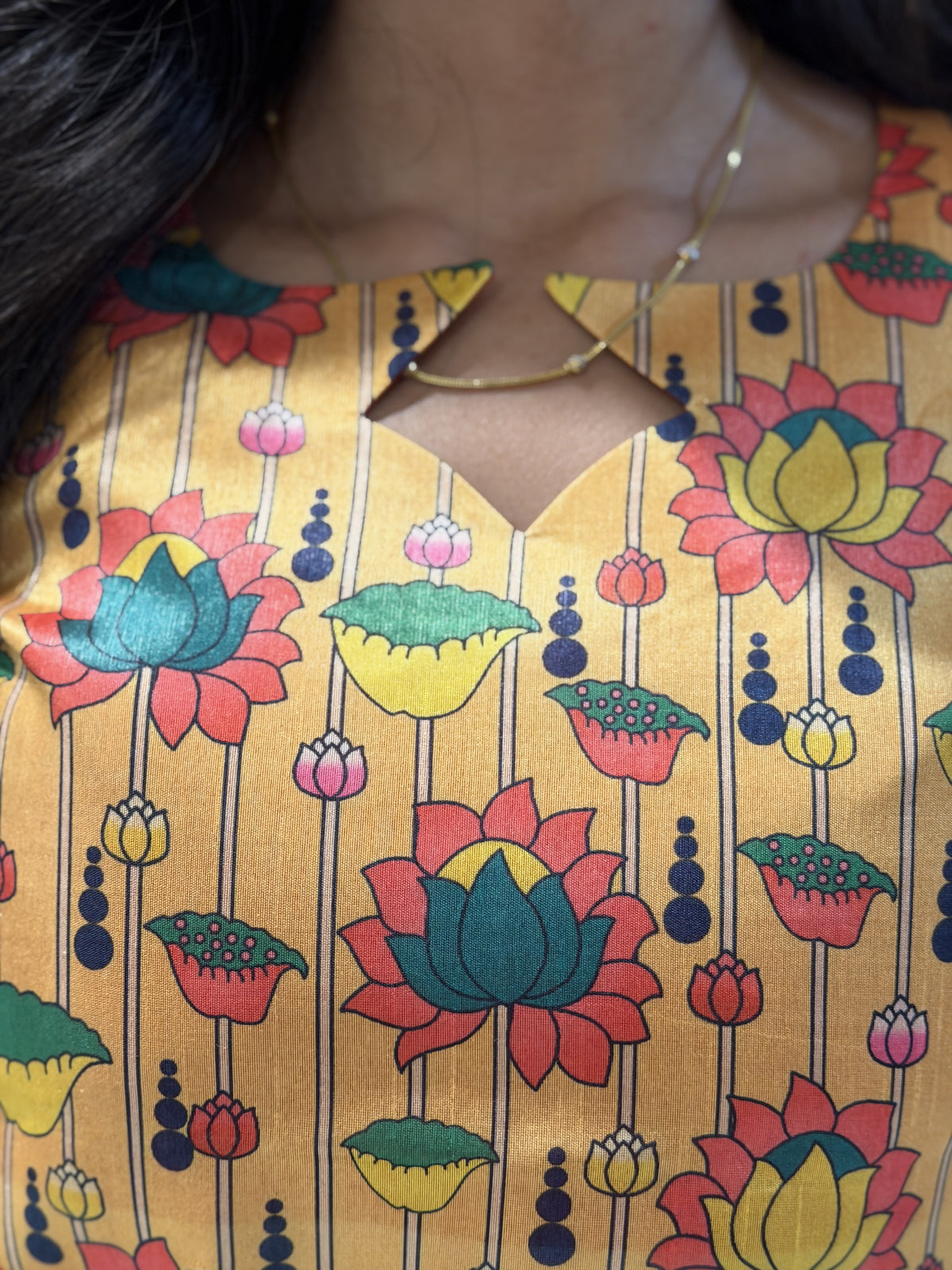 Red Lotus Print Yoke Straight Kurta Top