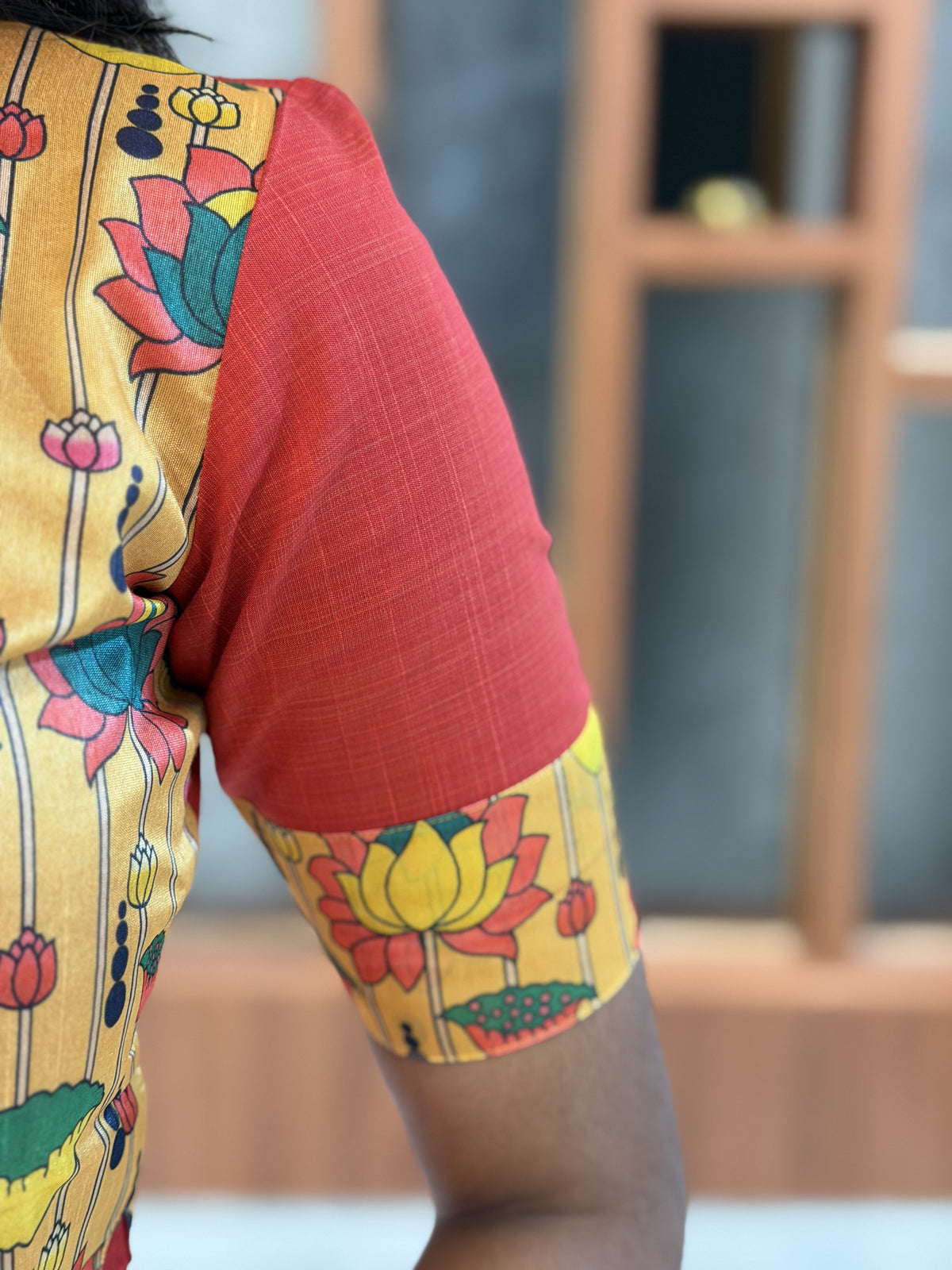 Red Lotus Print Yoke Straight Kurta Top