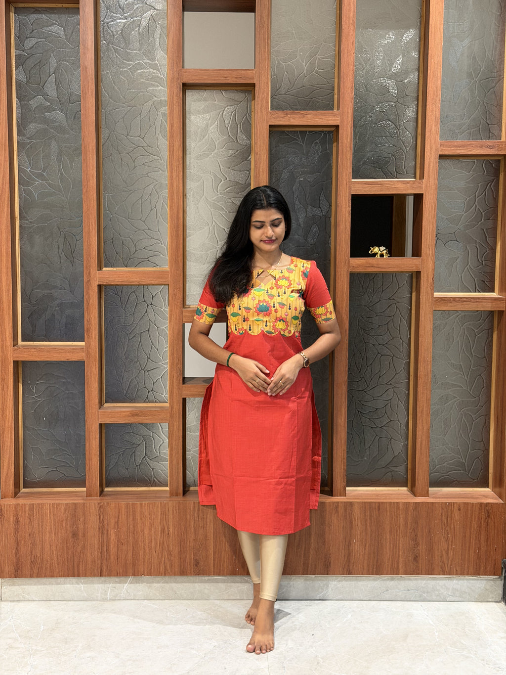 Red Lotus Print Yoke Straight Kurta Top