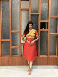 Red Lotus Print Yoke Straight Kurta Top