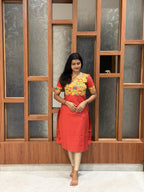 Red Lotus Print Yoke Straight Kurta Top