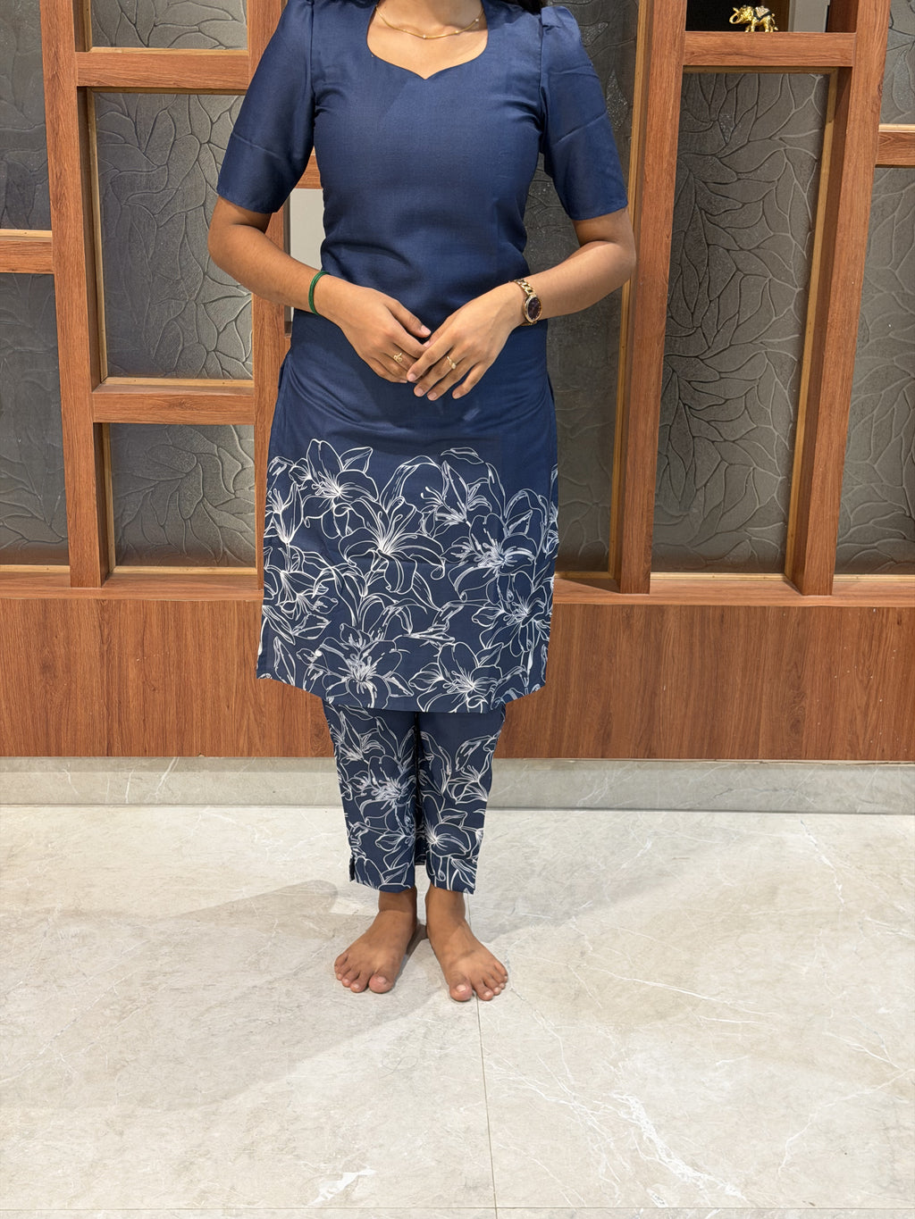 Navy Blue Lily Line-Art Print Co-ord Set